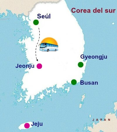 Mapa desde Seúl a Jeonju, Corea del sur