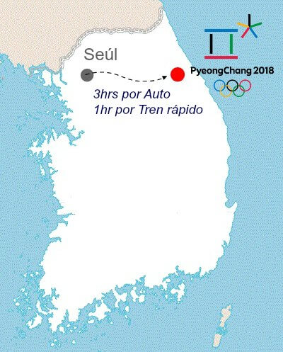 Ubicación de PyeongChang y Seúl, Corea del sur